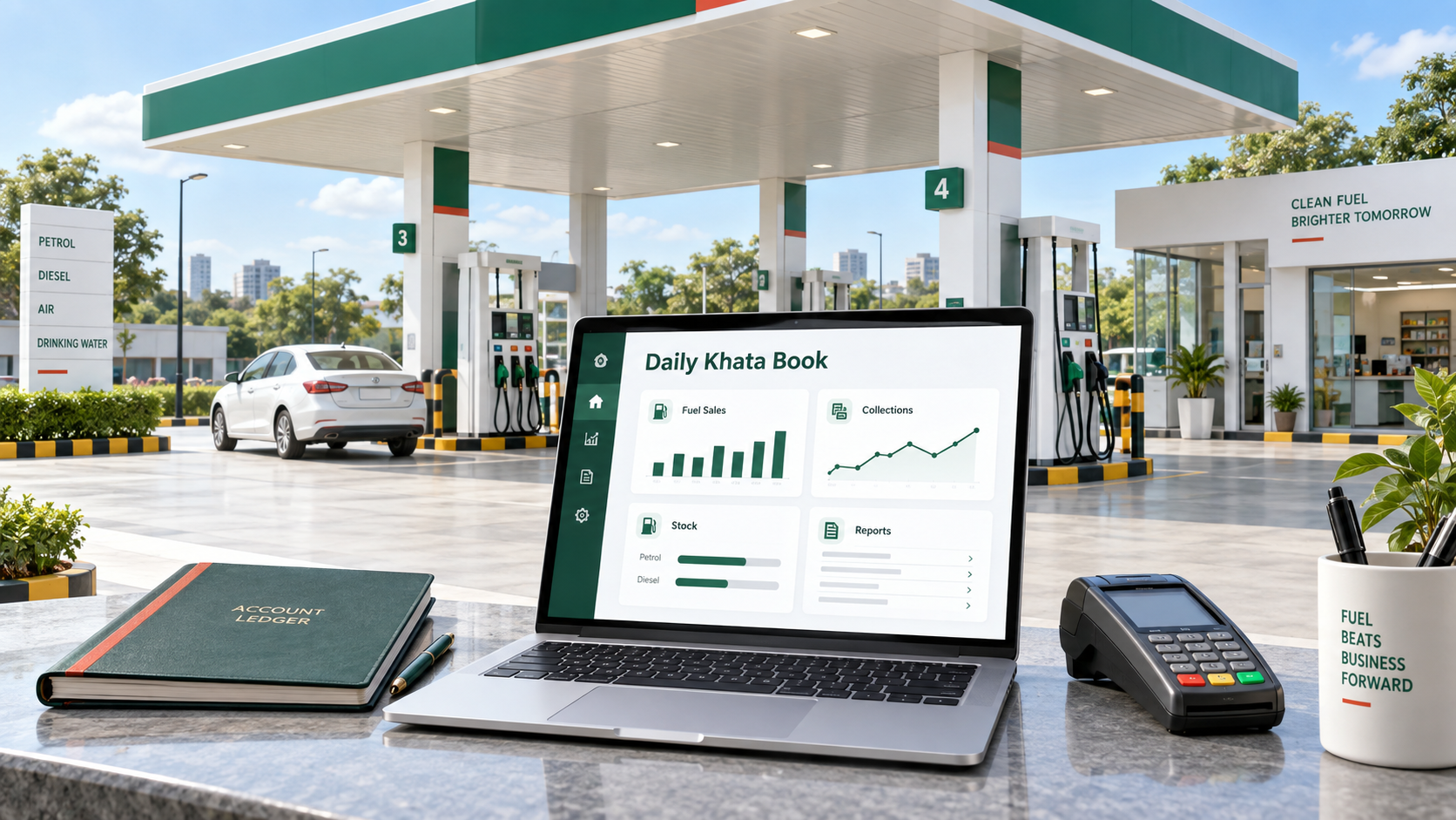Daily Khata Book accounting dashboard illustrated beside a modern petrol station